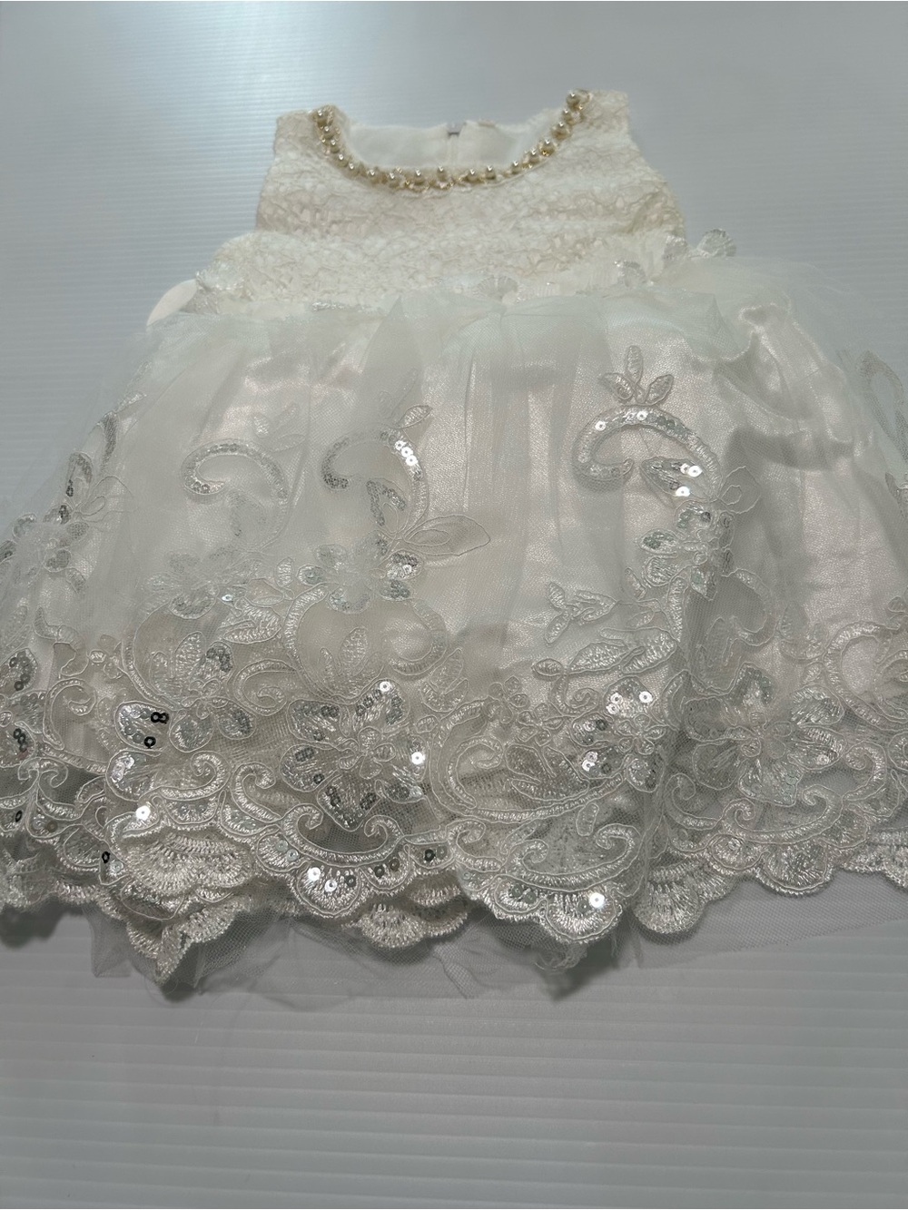 White Sequin Lace Tulle Party Dress for Girls with Pearl Neckline